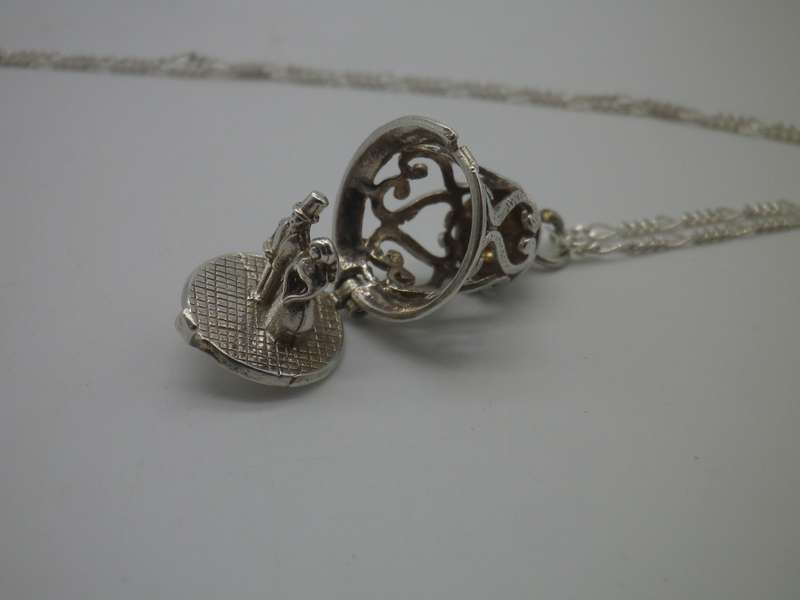 Wedding couple in a bell Sterling Silver Vintage Pendant on silver chain RARE!