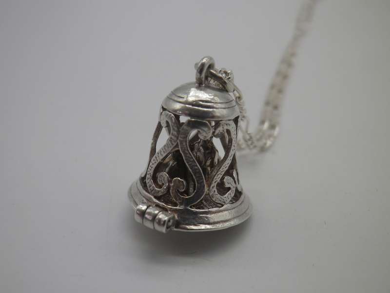 Wedding couple in a bell Sterling Silver Vintage Pendant on silver chain RARE!