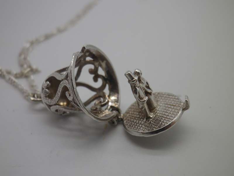Wedding couple in a bell Sterling Silver Vintage Pendant on silver chain RARE!