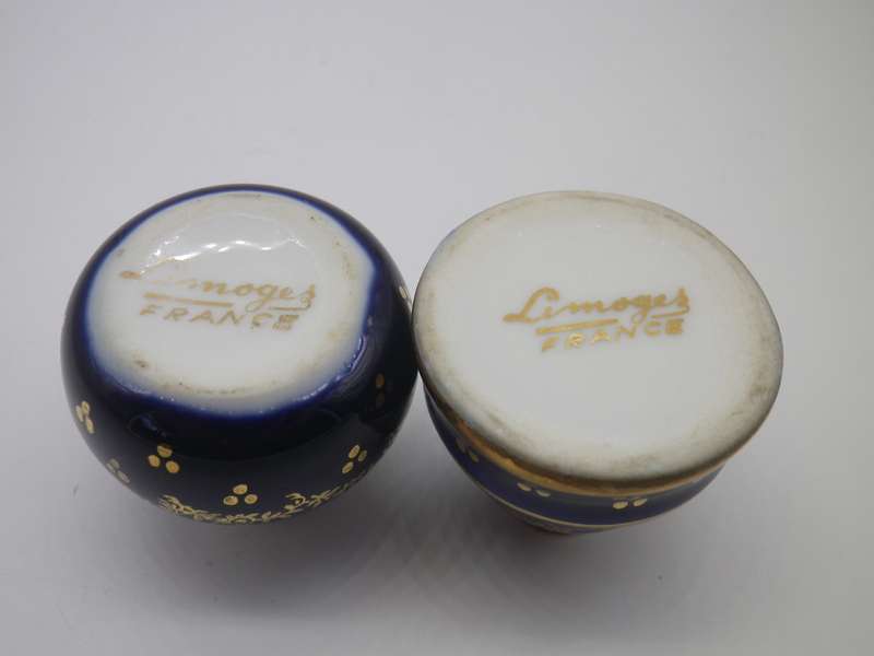 Pair Miniature LIMOGES FRANCE ceramic Cobalt blue & gold vase. 3.5cm tall