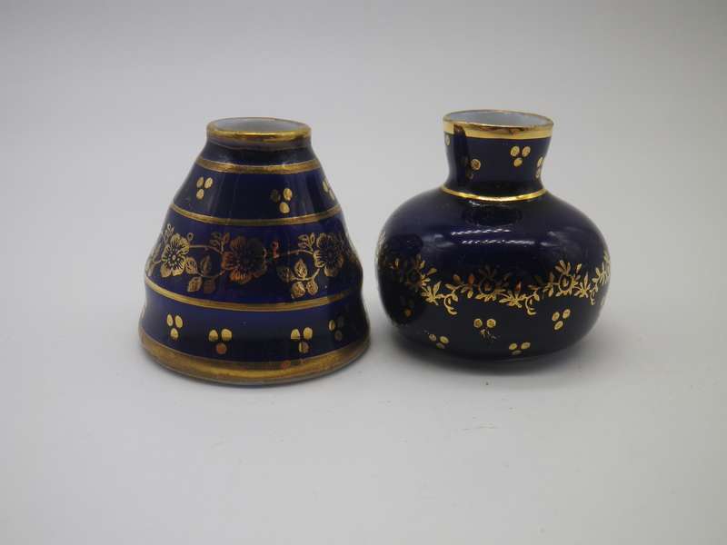 Pair Miniature LIMOGES FRANCE ceramic Cobalt blue & gold vase. 3.5cm tall