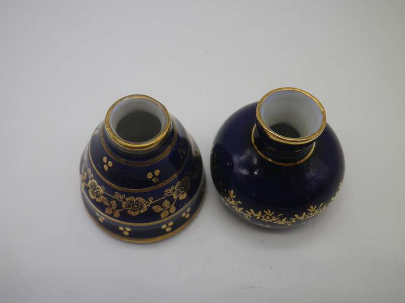 Pair Miniature LIMOGES FRANCE ceramic Cobalt blue & gold vase. 3.5cm tall