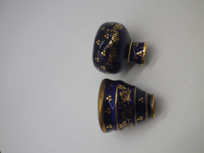Pair Miniature LIMOGES FRANCE ceramic Cobalt blue & gold vase. 3.5cm tall