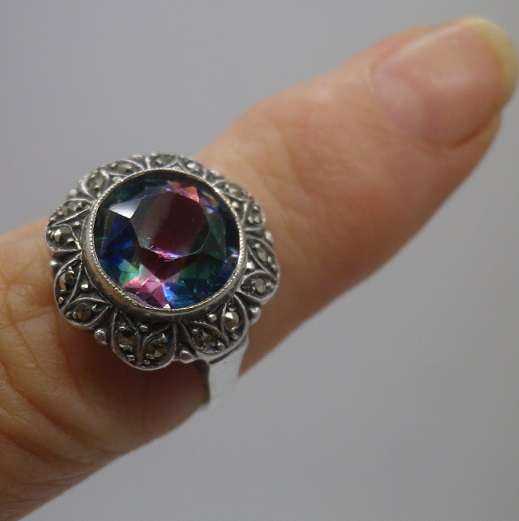 Beautiful 830 Silver, Marcasite & rainbow glass vintage dress ring. Size N 3/4 5.73 grams