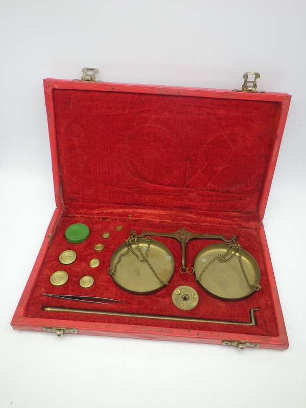 Vintage Apothecary or Jewelers Brass Travel Scale in Leather  Box