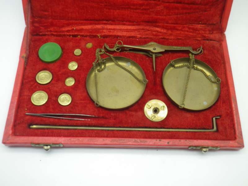 Vintage Apothecary or Jewelers Brass Travel Scale in Leather  Box