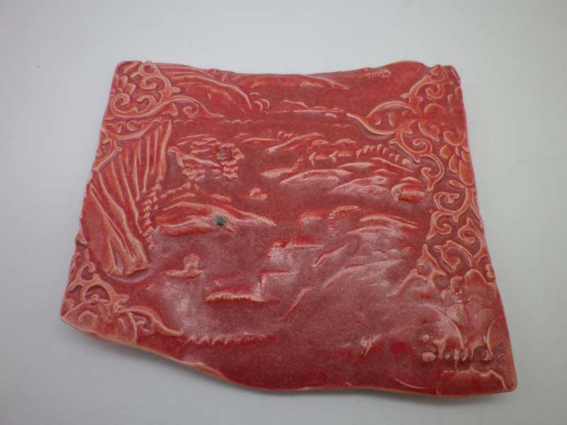 EXQUISITE Red Handmade Porcelain Tile by FAMOUS SA ARTIST JOHN BAUER