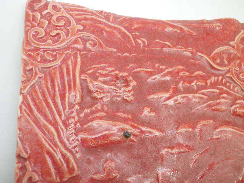 EXQUISITE Red Handmade Porcelain Tile by FAMOUS SA ARTIST JOHN BAUER