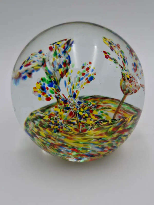 Vintage Art Glass Paper Weight. With floating colourful confetti swirls. 8x 8cm