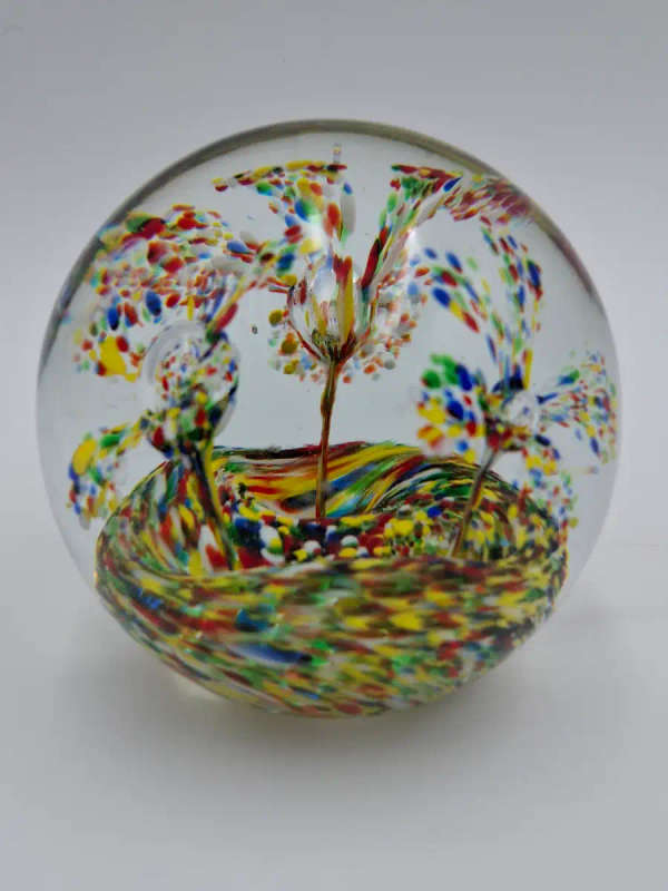 Vintage Art Glass Paper Weight. With floating colourful confetti swirls. 8x 8cm