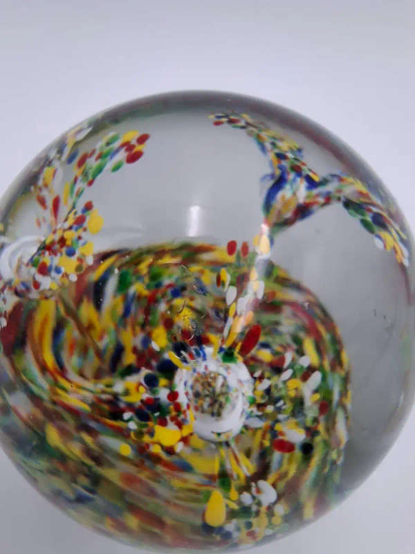 Vintage Art Glass Paper Weight. With floating colourful confetti swirls. 8x 8cm