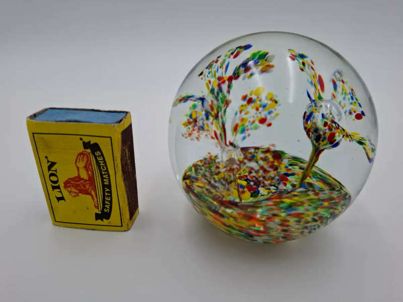 Vintage Art Glass Paper Weight. With floating colourful confetti swirls. 8x 8cm