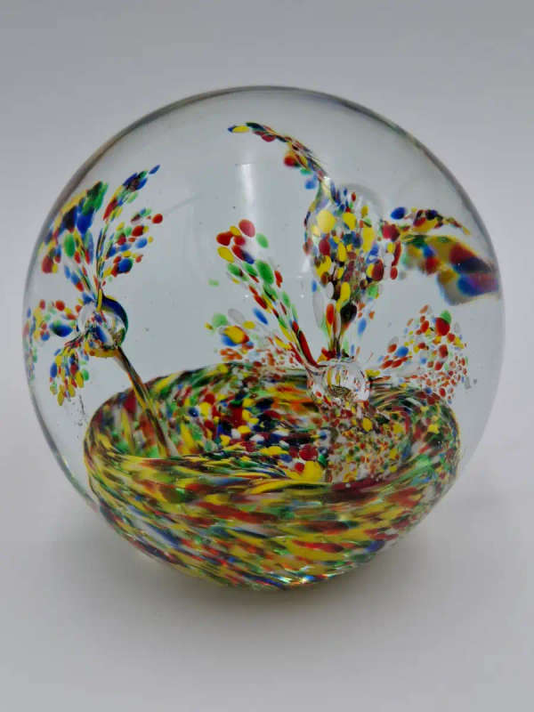 Vintage Art Glass Paper Weight. With floating colourful confetti swirls. 8x 8cm