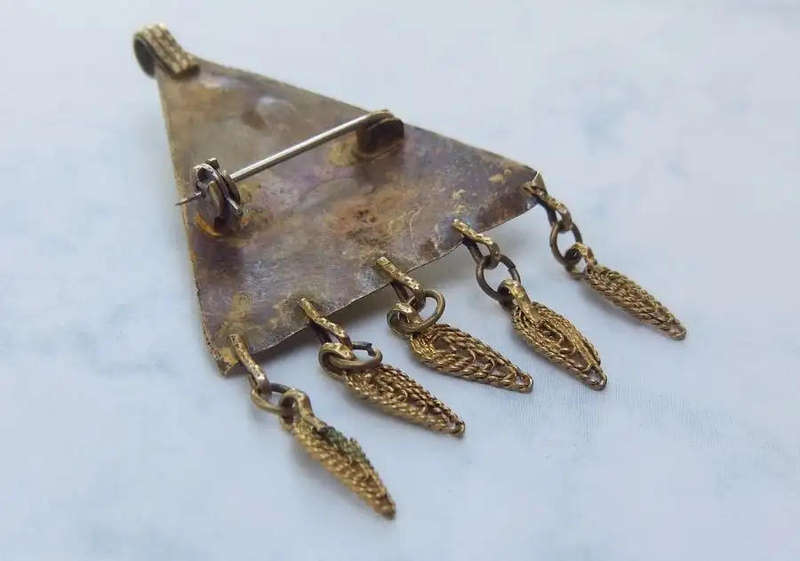 Unusual Gold plated 800 silver brooch with blue beads.  6.7 x 4.4 cm  9.2 grams