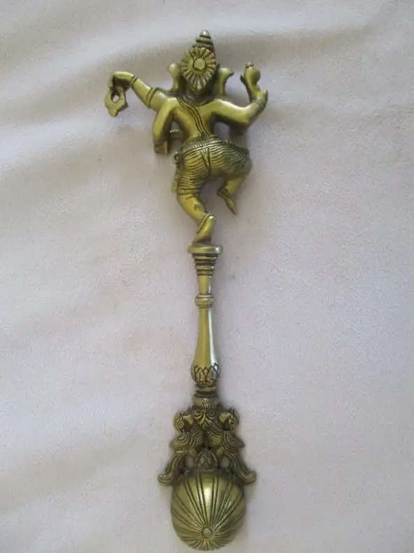 HEAVY ORNATE BRASS Indian Ganesha Havan spoon for Pooja. 28cm