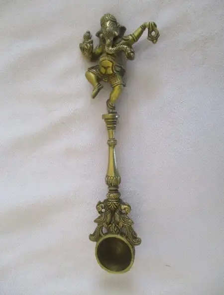 HEAVY ORNATE BRASS Indian Ganesha Havan spoon for Pooja. 28cm