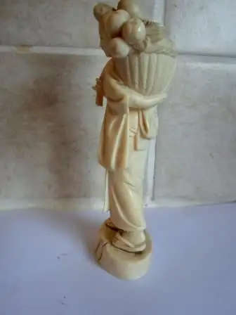 Vintage late 19th Century SIGNED Japanese Carved Okimono of a fruit carrier. 5.5x4 x3cm