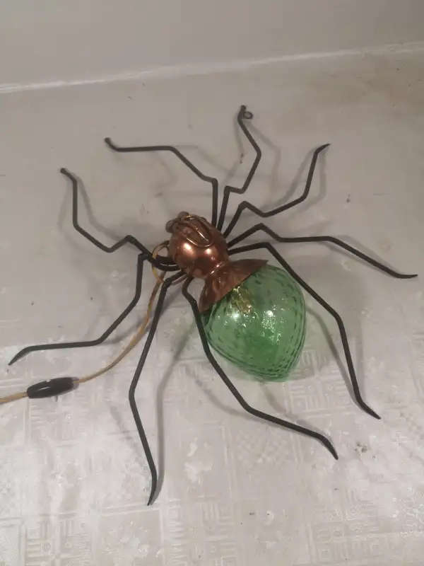 Stunning Vintage spider wall light! Copper, wrought iron & pressed green glass . 100% working
