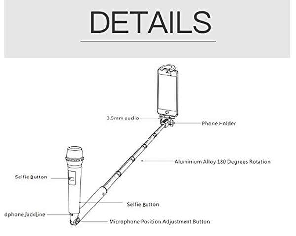 Selfie Stick Microphone, Aluminum Alloy Selfie Mic Extendable Monopod Built-in Remote Shutter Selfie