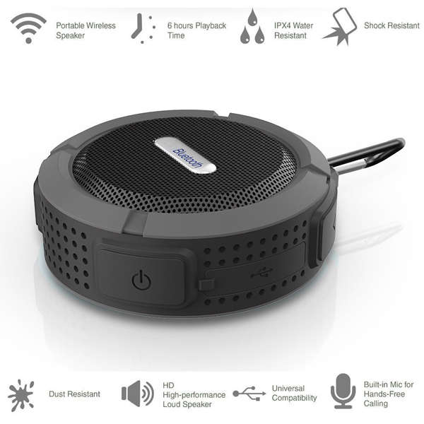 Shower Speaker, Wireless Waterproof Speaker with 5W Driver, Suction Cup, (Black)