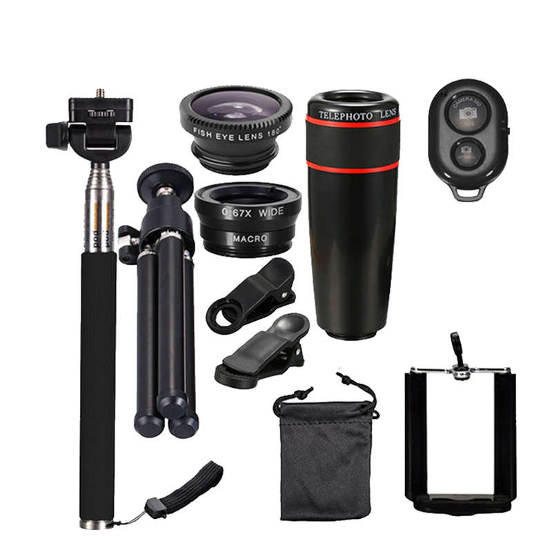 10 in 1 Function Cell Phone Lens Kit with Tripod & Selfie Stick - 8X