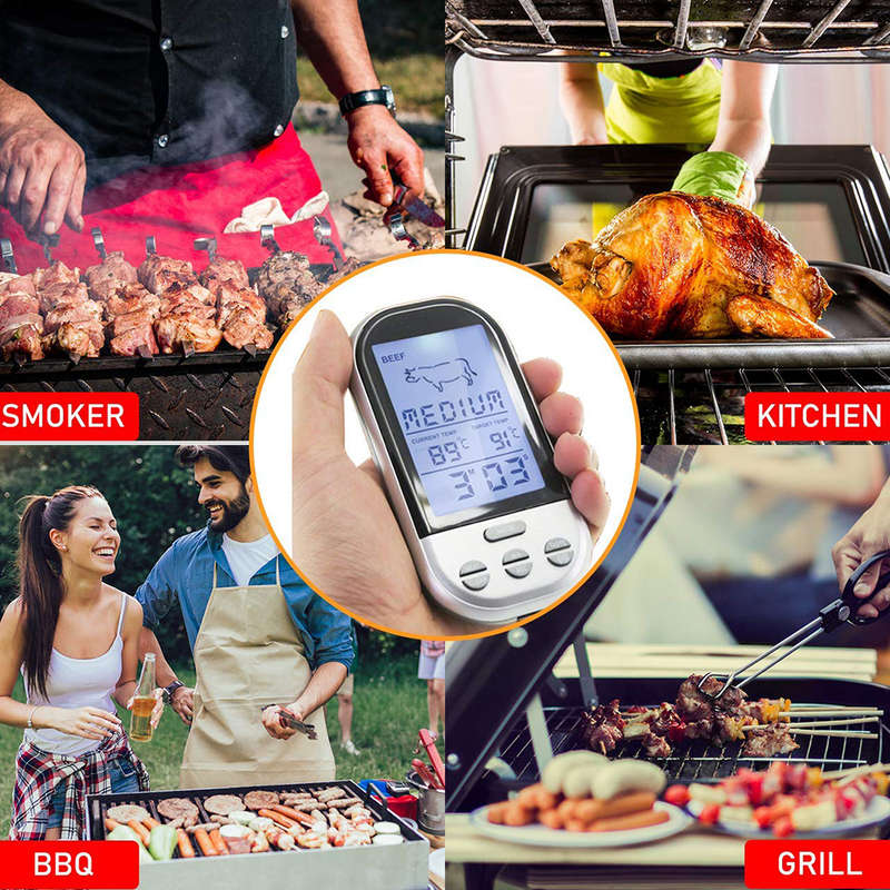Digital Wireless LCD Remote Thermometer For BBQ Grill-Silver