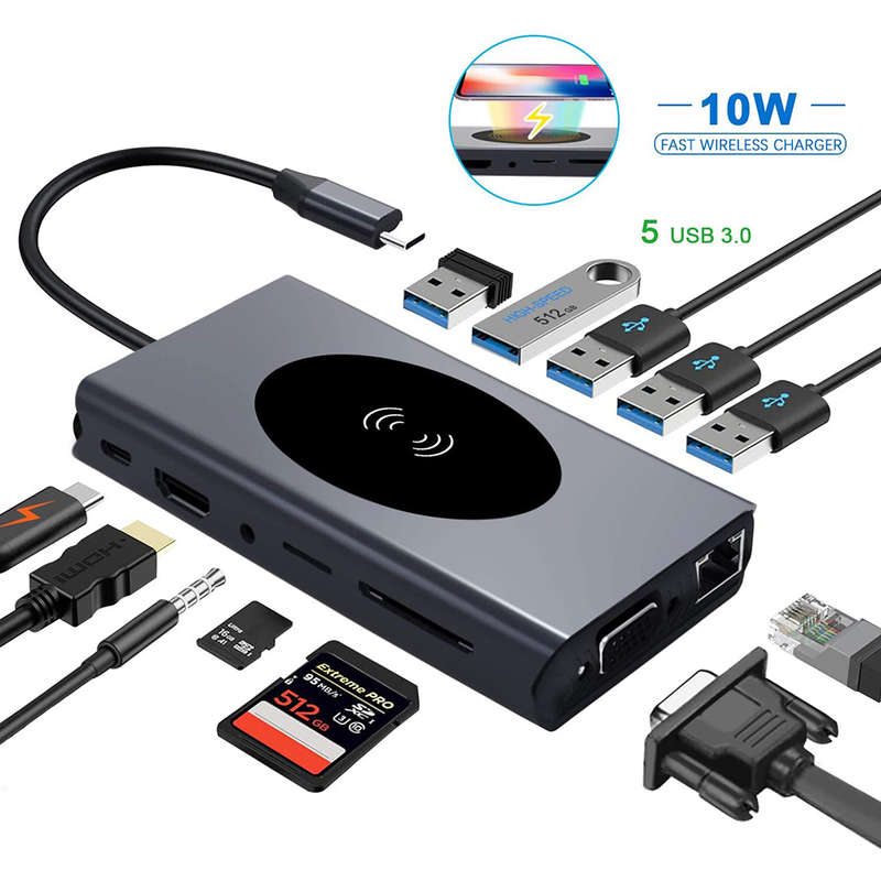 13-in-1 USB-C Hub Laptop Docking Station & Wireless Charger