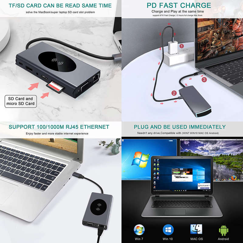 13-in-1 USB-C Hub Laptop Docking Station & Wireless Charger