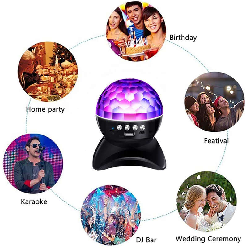 LED Crystal Magic Ball Rotating Stage Light with Bluetooth Speaker - Black