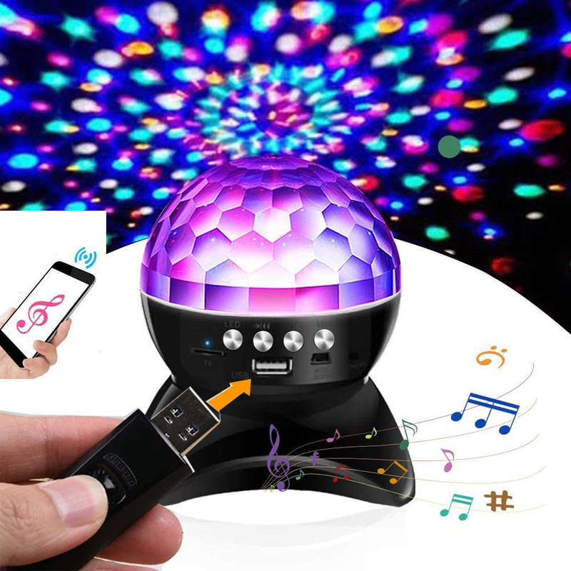 LED Crystal Magic Ball Rotating Stage Light with Bluetooth Speaker - Black