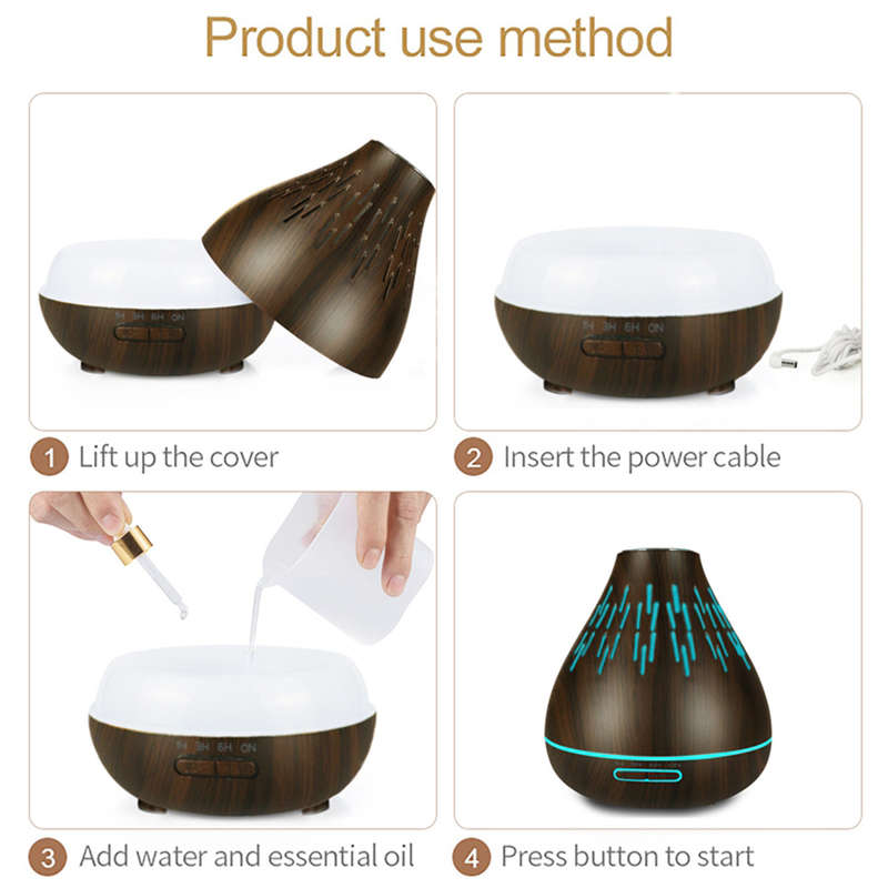 400ml Essential Oil Aroma Diffuser With 7 Colorful Light - Dark Wood Grain