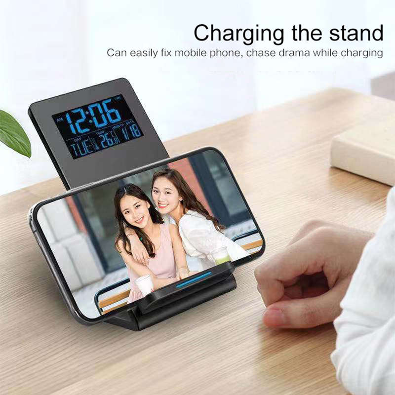 Desktop Phone Wireless Charging Stand with Time Temperature & Alarm Clock