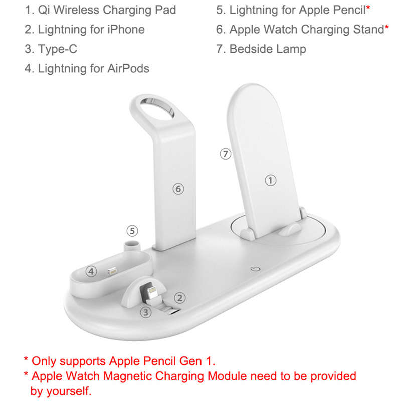 Mutifunction 7 in 1 Rotatable Wireless Charger Stand with Nightlamp White