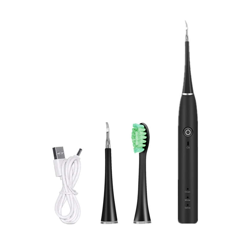 Portable 3-In-1 Waterproof Electric Ultrasonic Teeth Cleaner Kit - Black
