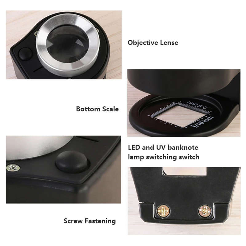 Portable 30X Optical Glass Lens Magnifier with Scale and 6 LED Lamp