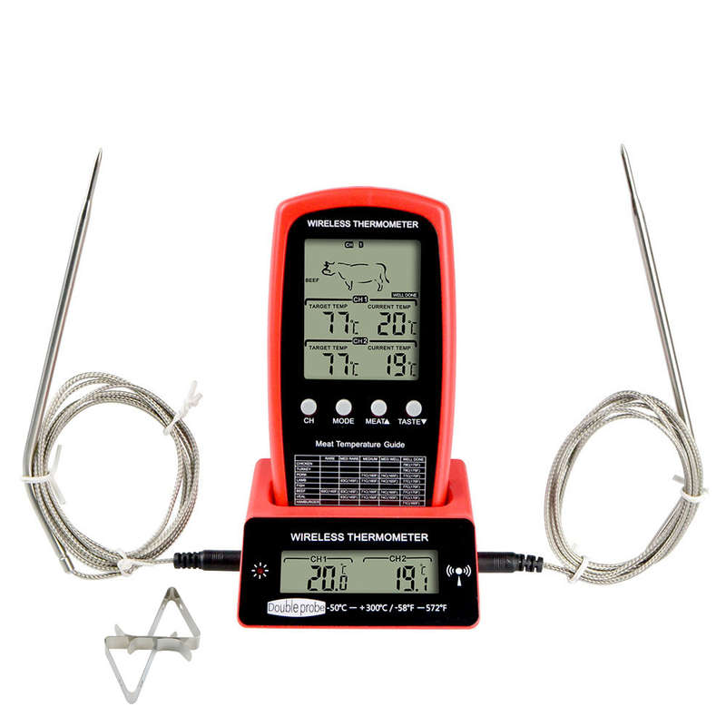 Portable Wireless Digital BBQ Thermometer With Two Probe - Red