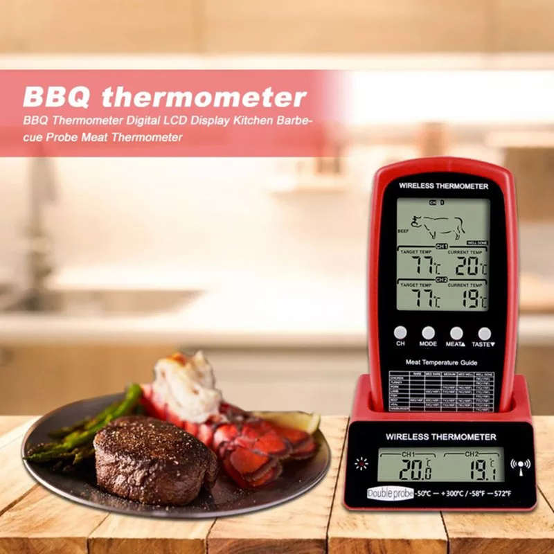 Portable Wireless Digital BBQ Thermometer With Two Probe - Red