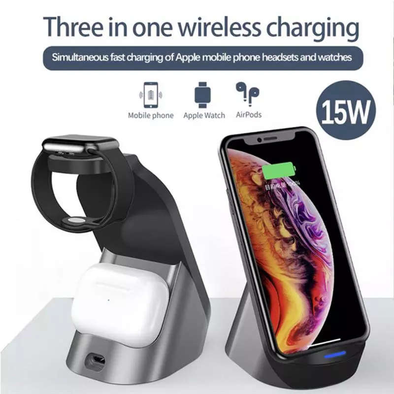 3 in 1 Wireless Charging Station For iPhone12Pro/AirPods Pro/iWatch5 Black