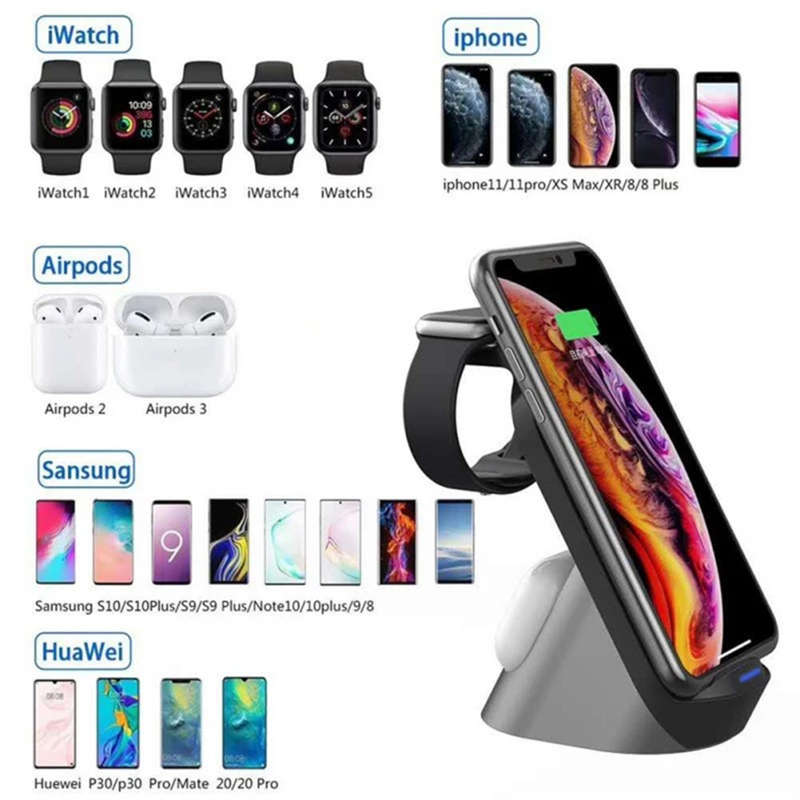 3 in 1 Wireless Charging Station For iPhone12Pro/AirPods Pro/iWatch5 Black