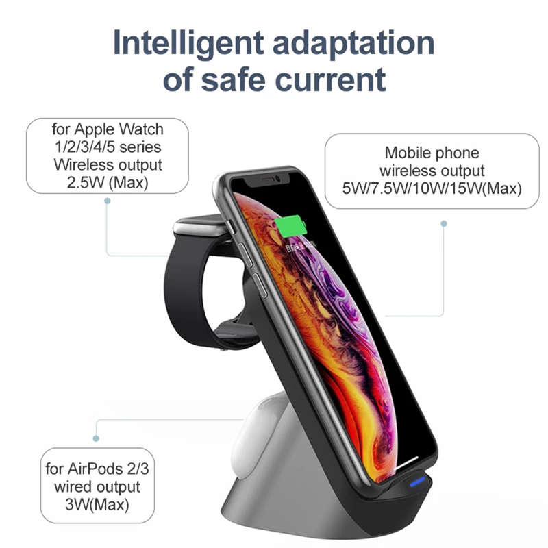 3 in 1 Wireless Charging Station For iPhone12Pro/AirPods Pro/iWatch5 Black