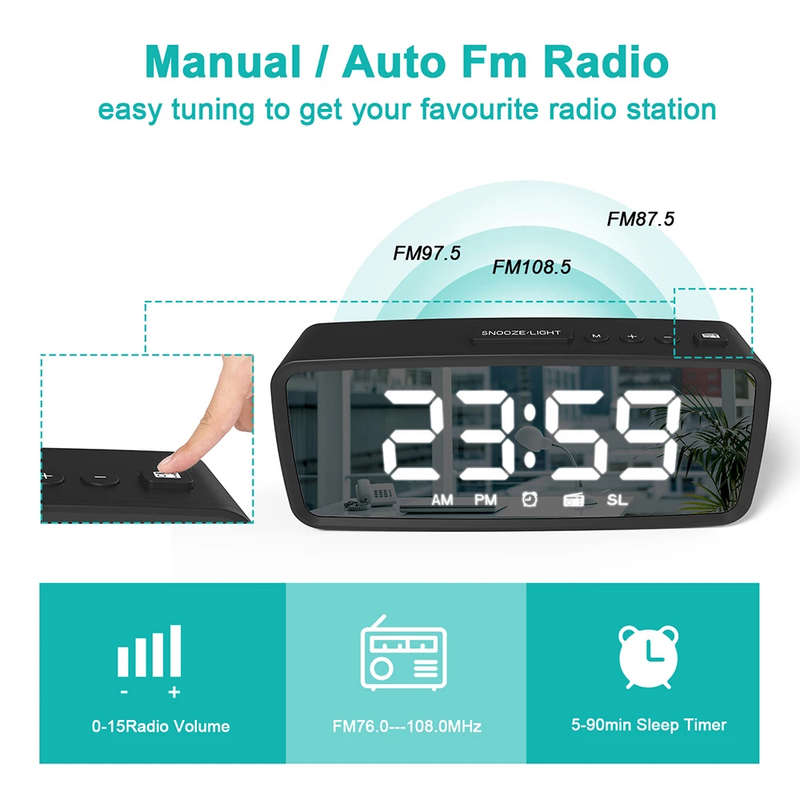 Digital Alarm LED Mirror Clock with FM Radio Snooze 3 Levels Dimmer - Black