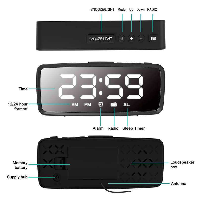 Digital Alarm LED Mirror Clock with FM Radio Snooze 3 Levels Dimmer - Black