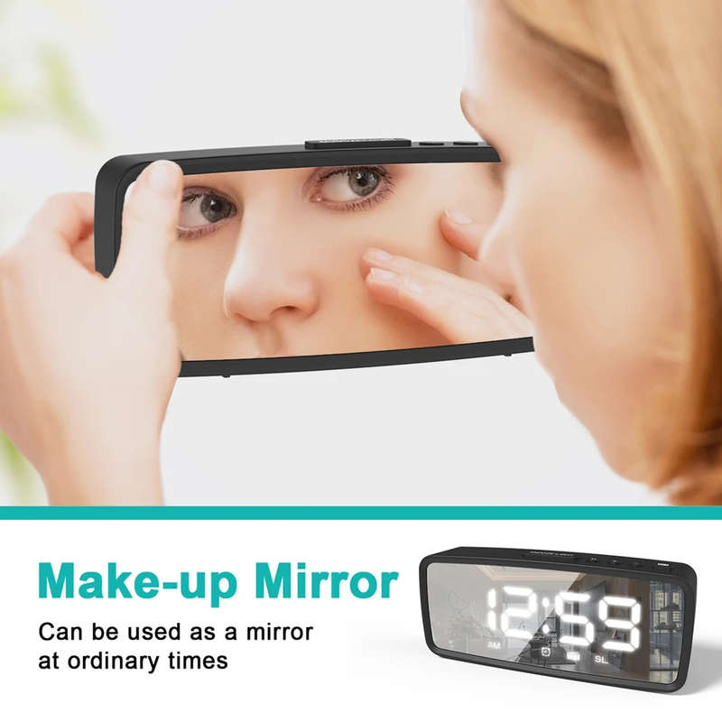 Digital Alarm LED Mirror Clock with FM Radio Snooze 3 Levels Dimmer - Black