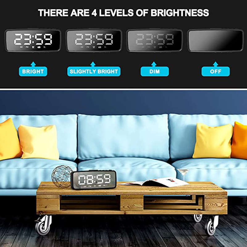 Digital Alarm LED Mirror Clock with FM Radio Snooze 3 Levels Dimmer - Black
