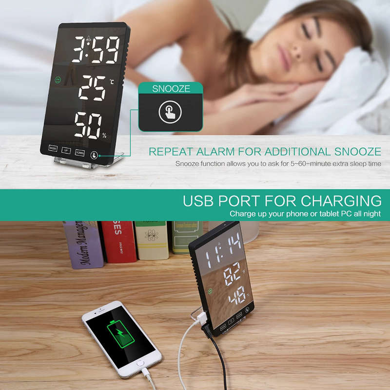 Mirror LED Clock with Alarm Snooze T & H Display (Black Shell - White Font)