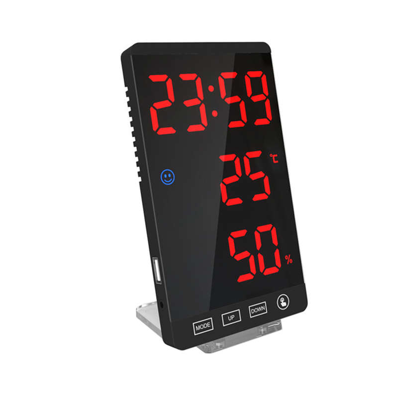 Mirror LED Clock with Alarm Snooze T & H Display (Black Shell - Red Font)