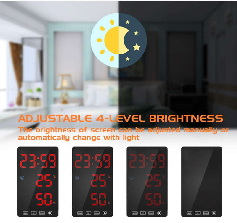 Mirror LED Clock with Alarm Snooze T & H Display (Black Shell - Red Font)