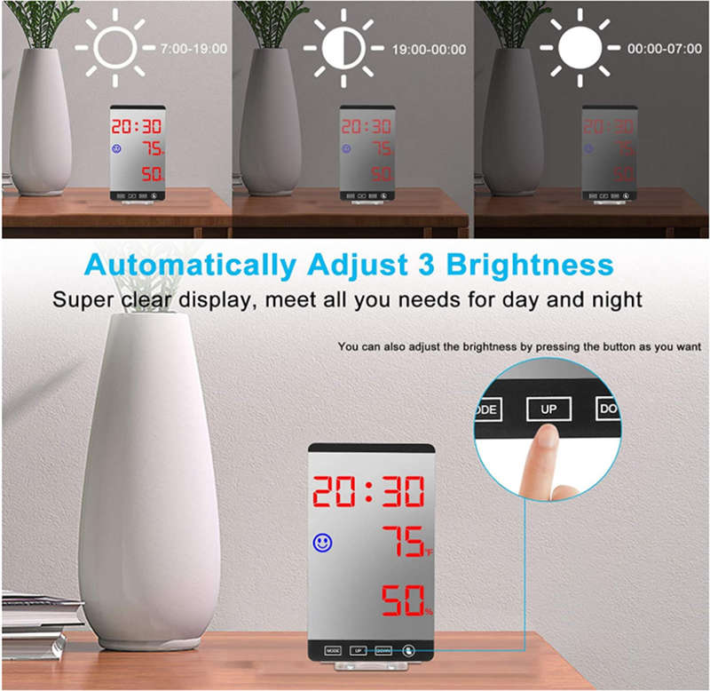 Mirror LED Clock with Alarm Snooze T & H Display (Black Shell - Red Font)