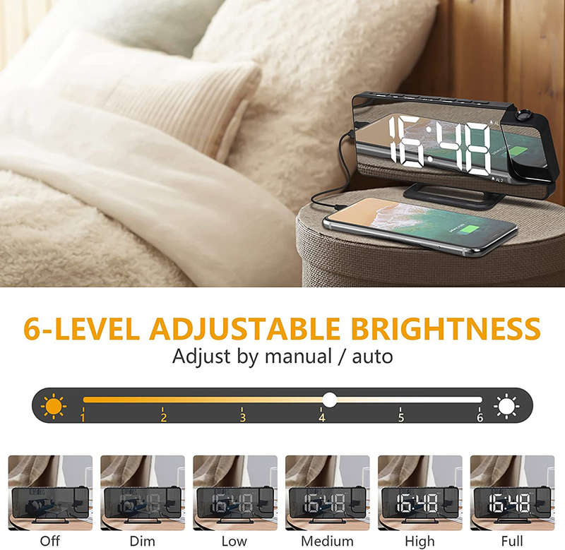 180° Mirror LED Projection Clock with Dual Alarms Snooze T & H Display