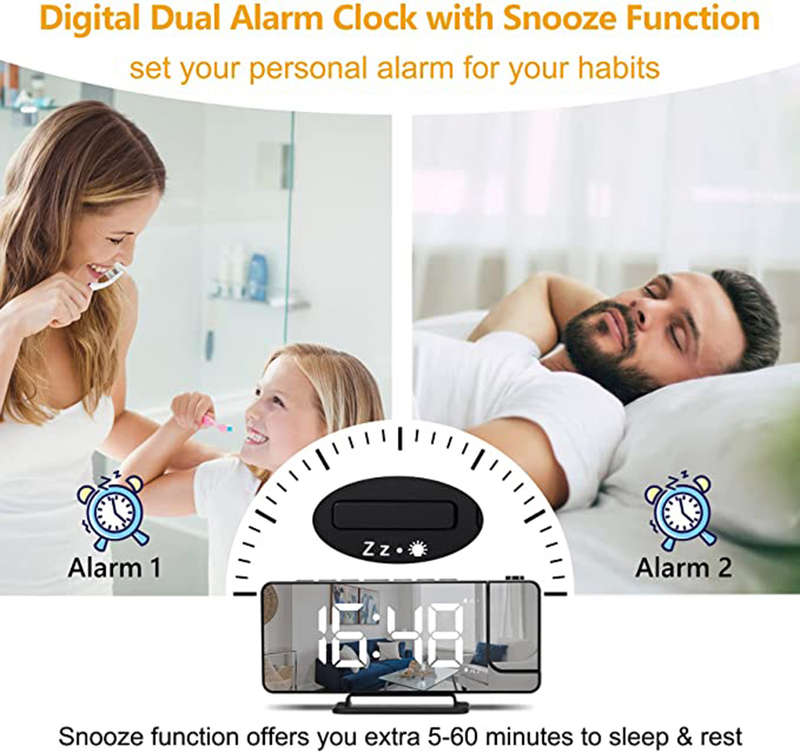 180° Mirror LED Projection Clock with Dual Alarms Snooze T & H Display